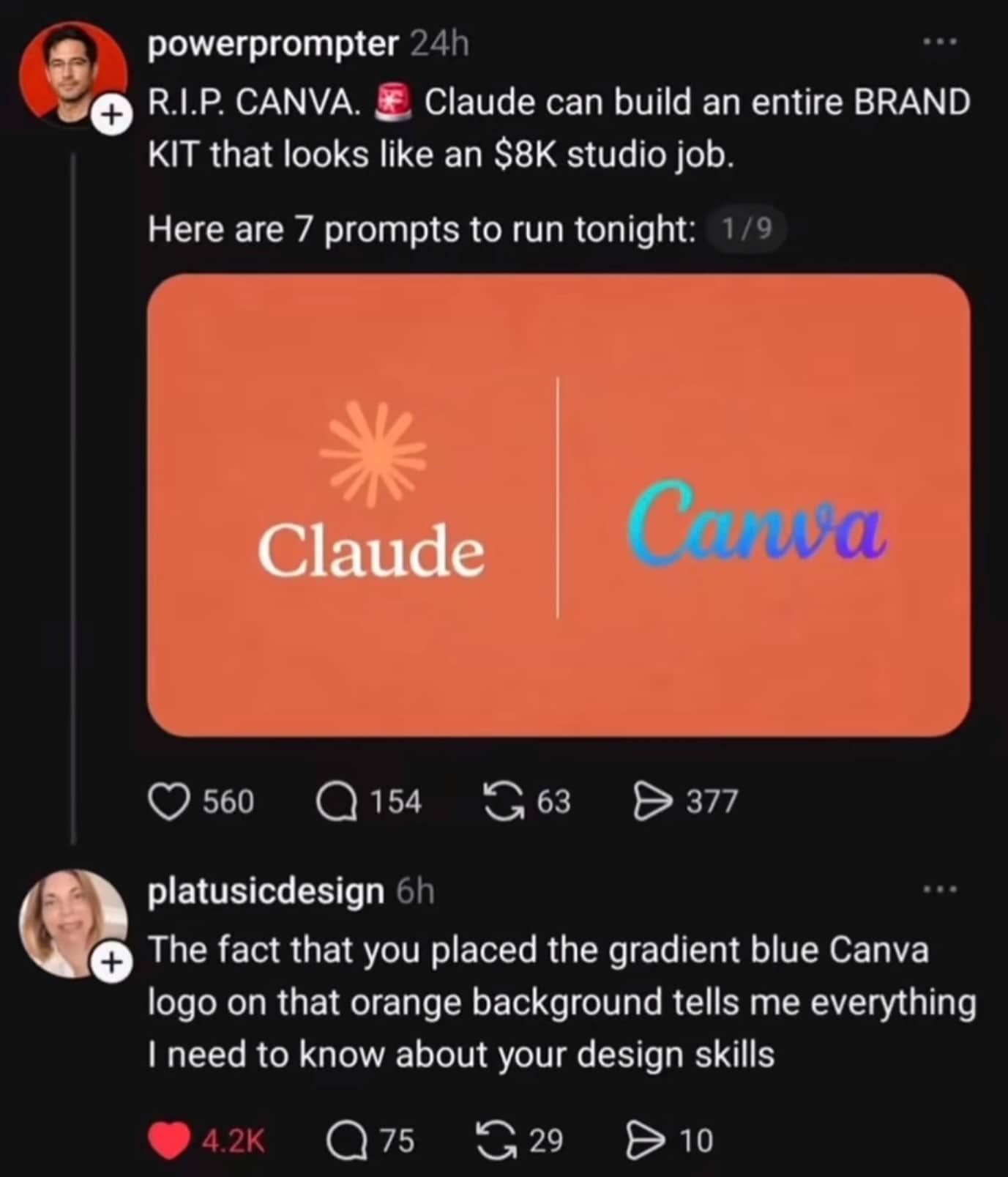 Social media post about Claude vs Canva design tools with critical reply about color choices.