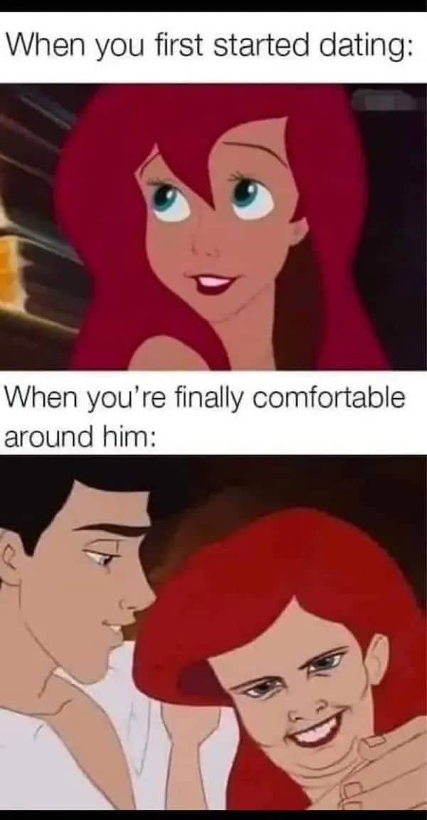 Disney Little Mermaid meme showing Ariel looking pretty at first and funny when comfortable.