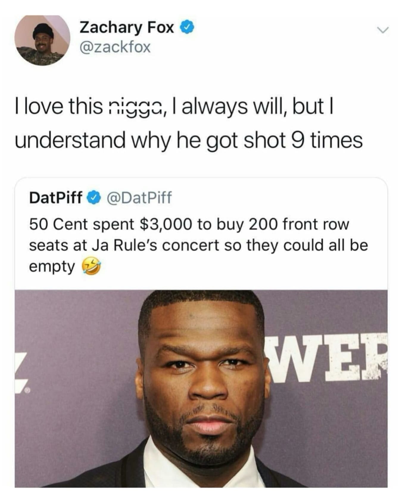 Tweet screenshot of 50 Cent purchasing empty seats at Ja Rule concert to leave them vacant.