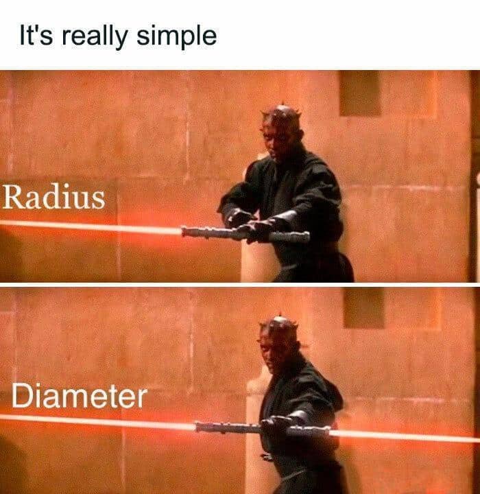 Darth Maul single and double lightsaber meme explaining math concept radius vs diameter.