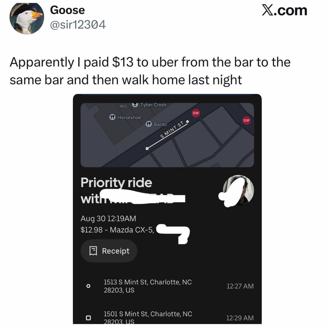 Screenshot of short Uber ride receipt showing funny drunk mistake social media meme.