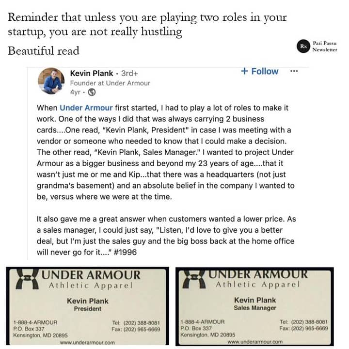 Funny startup hustle meme showing Under Armour founder carrying two separate business cards.