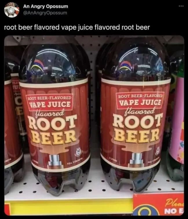 Two two-liter soda bottles on store shelf labeled root beer flavored vape juice flavored root beer.