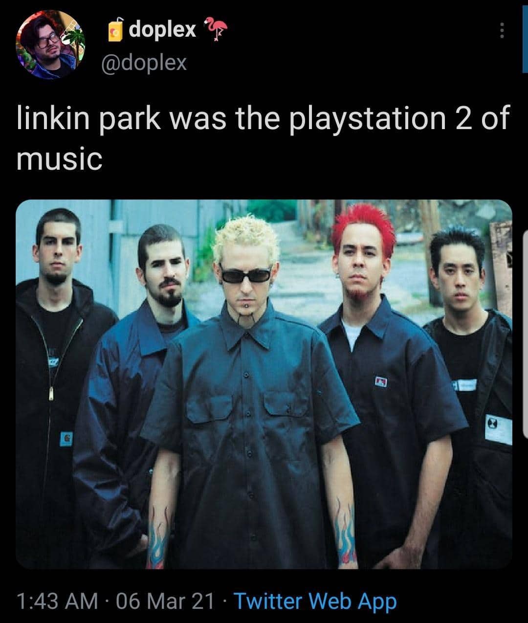 Linkin Park band photo with funny tweet calling them PlayStation 2 of music.