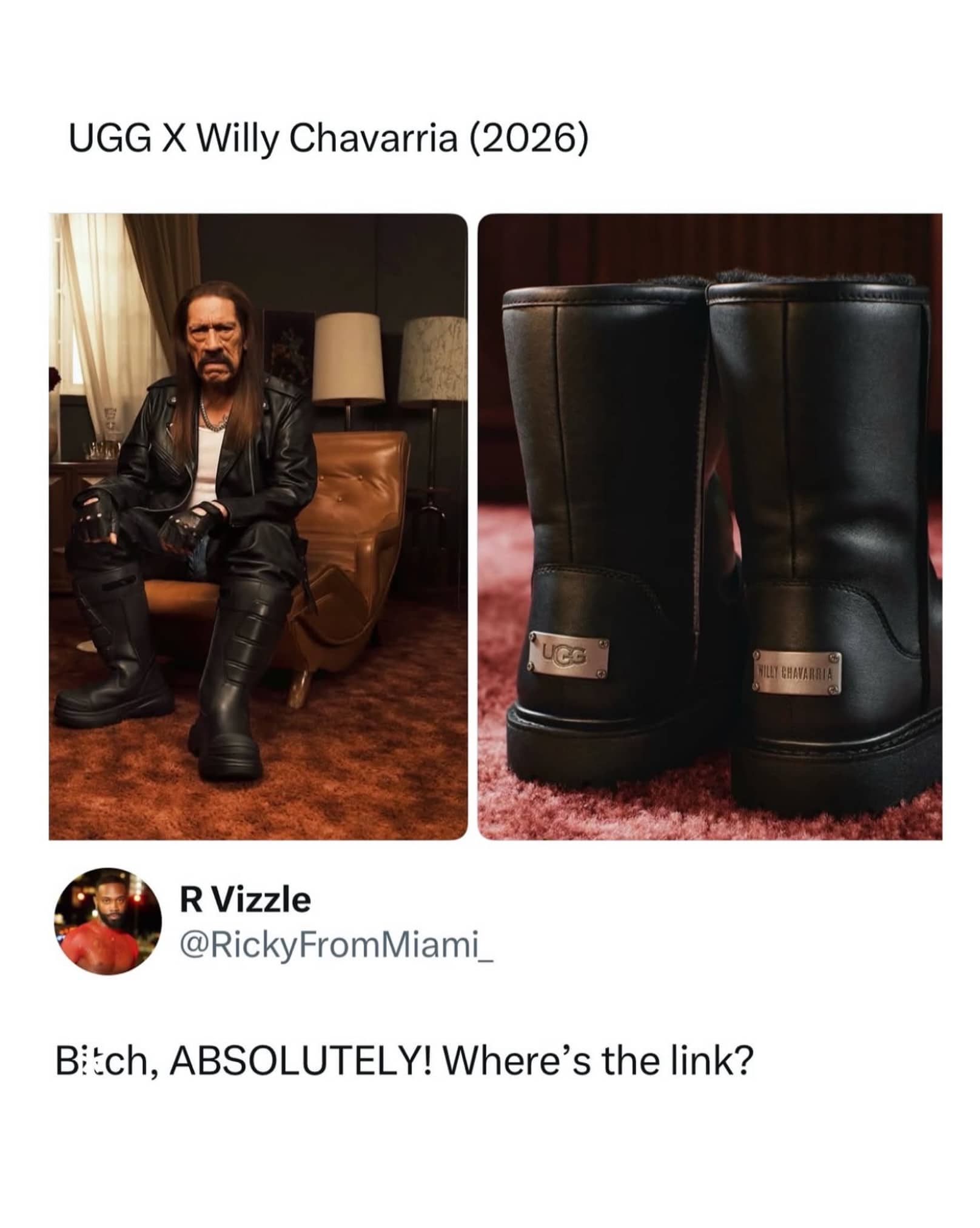 Danny Trejo wearing black UGG Willy Chavarria collaboration boots with funny social media reaction meme.