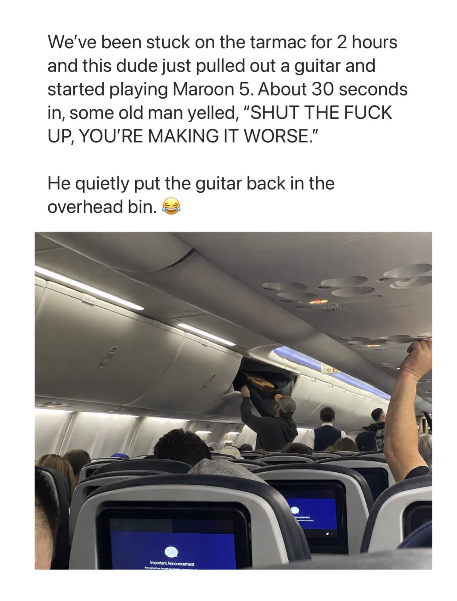 Funny airplane meme about a passenger putting a guitar back in overhead storage.