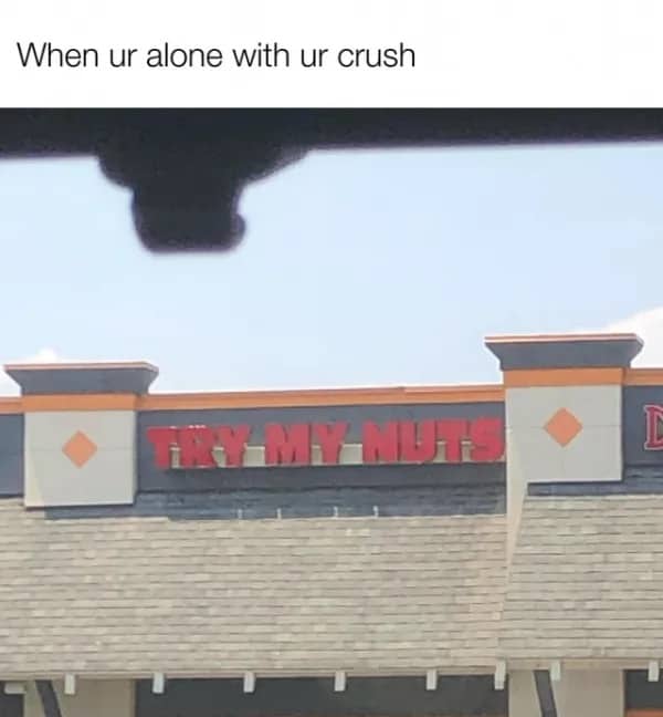 Storefront sign reading Try My Nuts funny meme captioned when alone with crush.