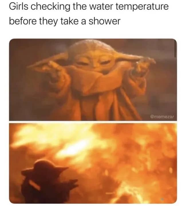Grogu from The Mandalorian holding back fire, paired with funny hot shower meme text.