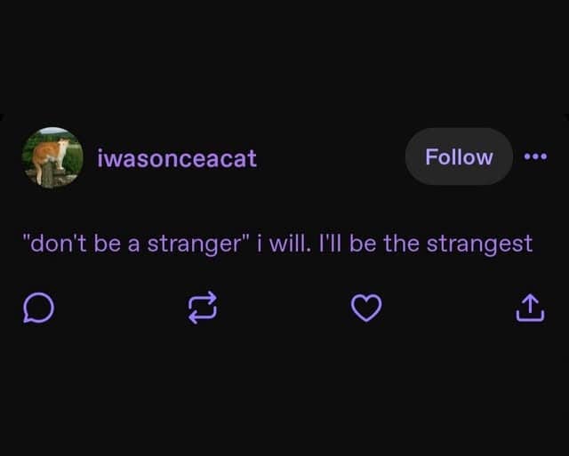 Funny text post meme playing on the phrase don't be a stranger with a pun.