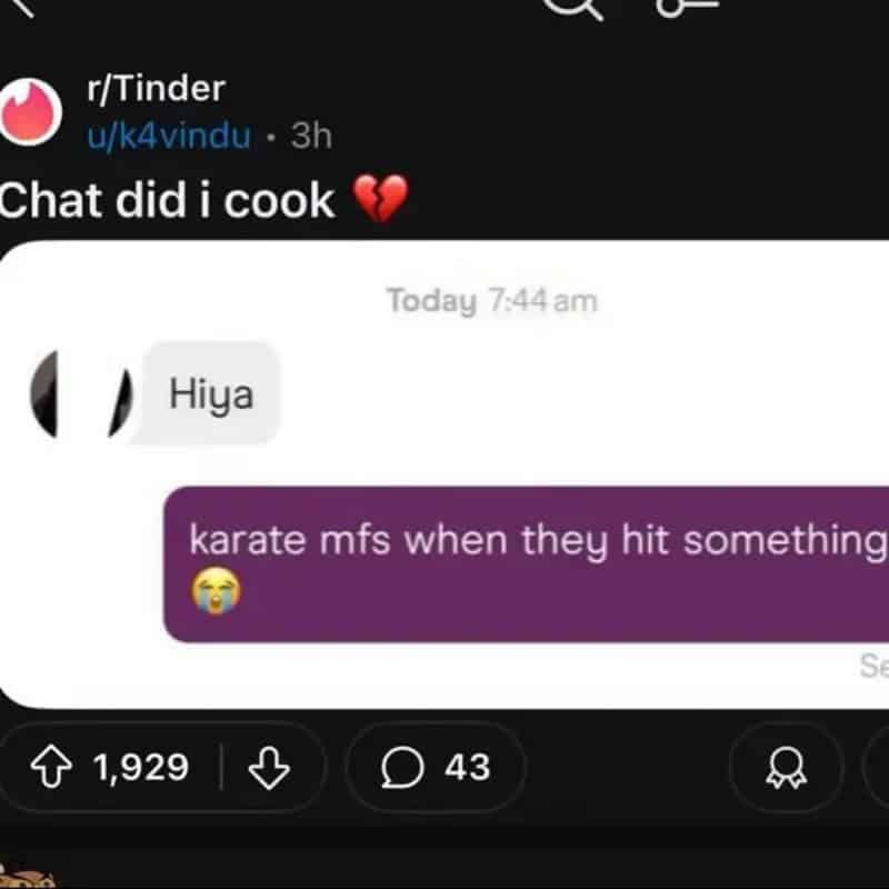 Funny Tinder chat screenshot showing a bad joke reply to a simple greeting message.