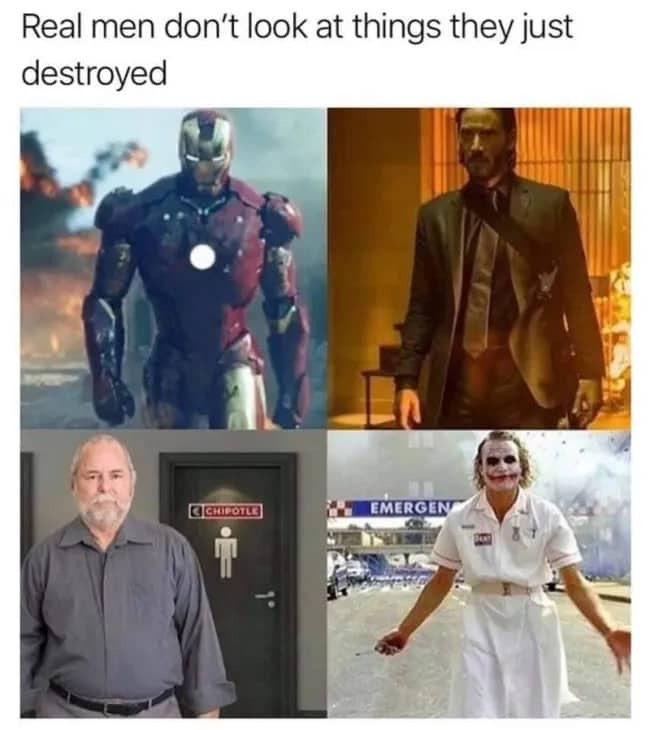 Funny meme panel showing iconic men walking away from explosions including a Chipotle bathroom.