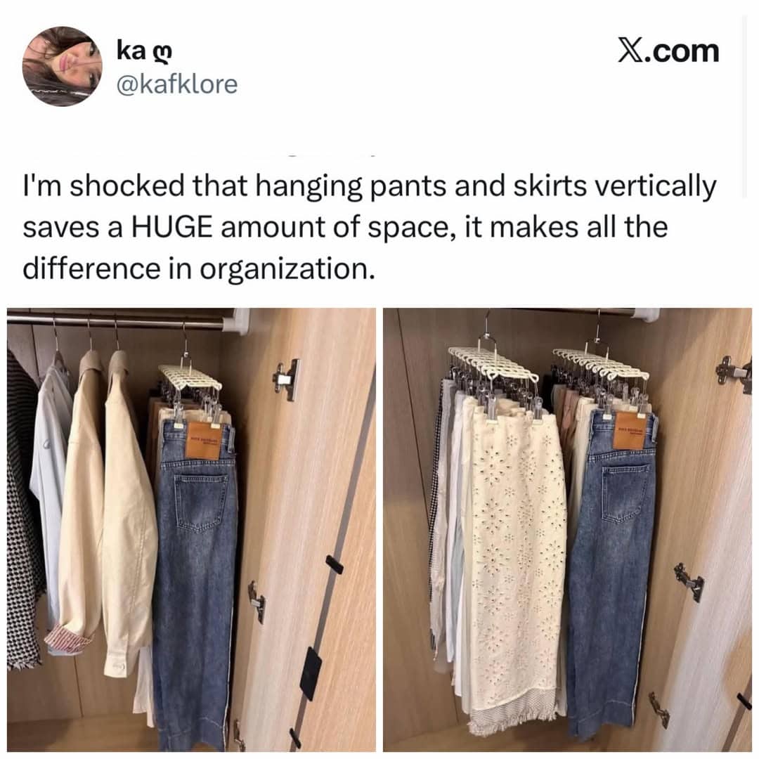 Closet organization meme showing pants hanging vertically on space-saving multi-tier hangers.