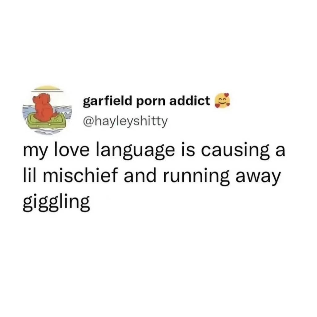Tweet about love language mischievous humor funny relatable meme post.
