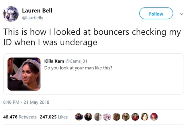 Tweet showing screenshot of Meghan Markle looking at Prince Harry with joke about bouncers checking ID.