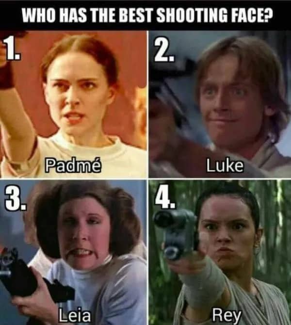 Star Wars character grid showing Padme Luke Leia and Rey making funny blaster shooting faces.