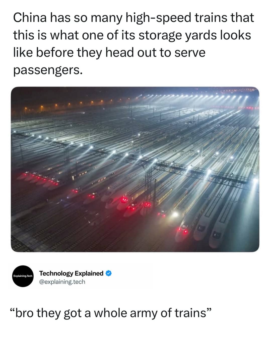Viral meme showing hundreds of illuminated Chinese high-speed trains lined up at a train depot.