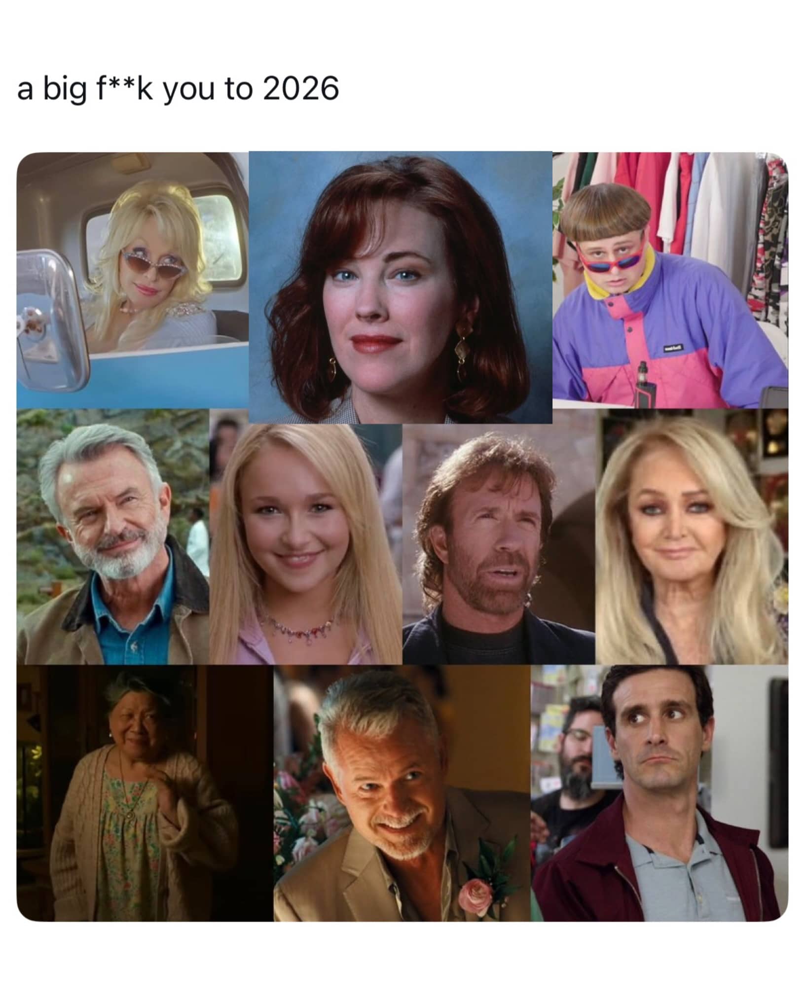Celebrity collage grid featuring famous actors and musicians in a dramatic internet reaction funny memes.