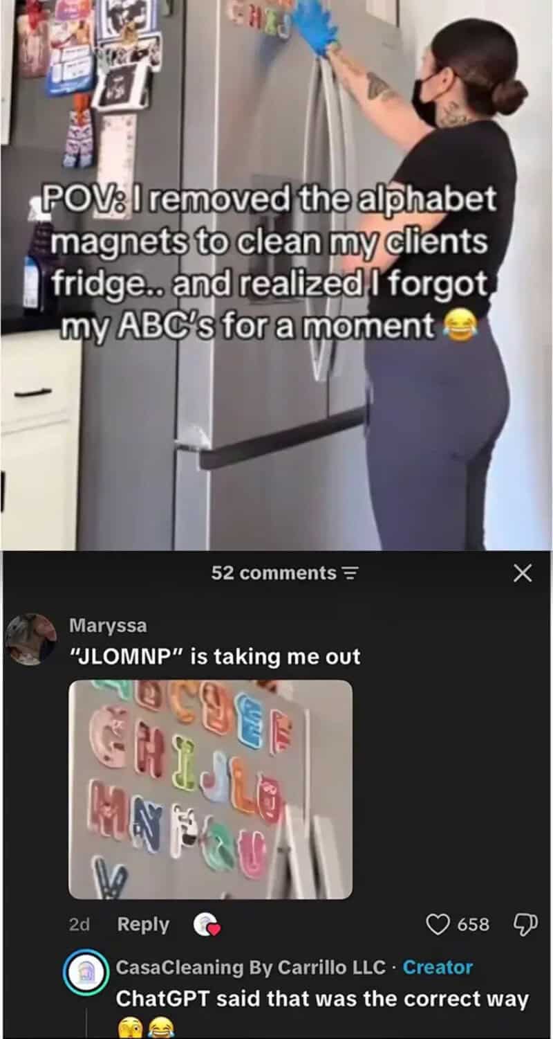 Funny social media screenshot showing misspelled fridge alphabet magnets blamed on ChatGPT AI response.