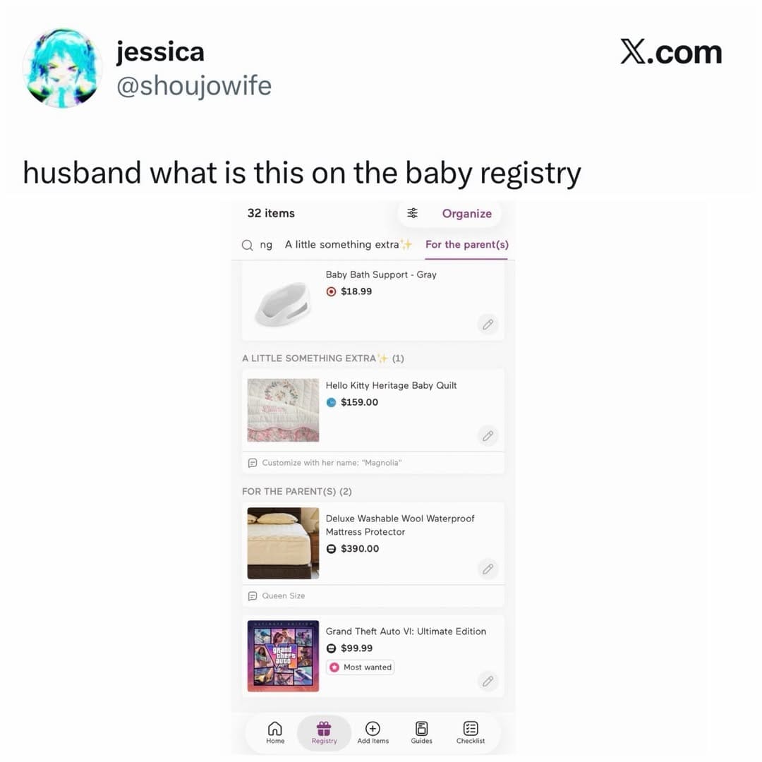 Social media post showing baby registry item list including video game funny memes