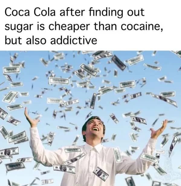 Stock photo of happy man throwing money in the air under funny Coca-Cola sugar meme.