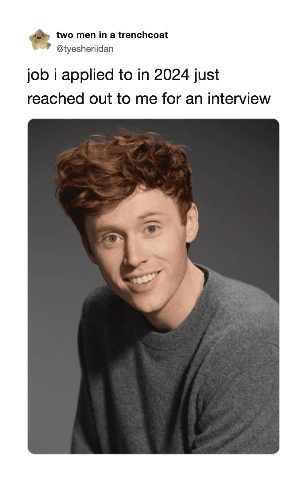 Actor Tye Sheridan smiling in a relatable job application callback funny memes tweet.