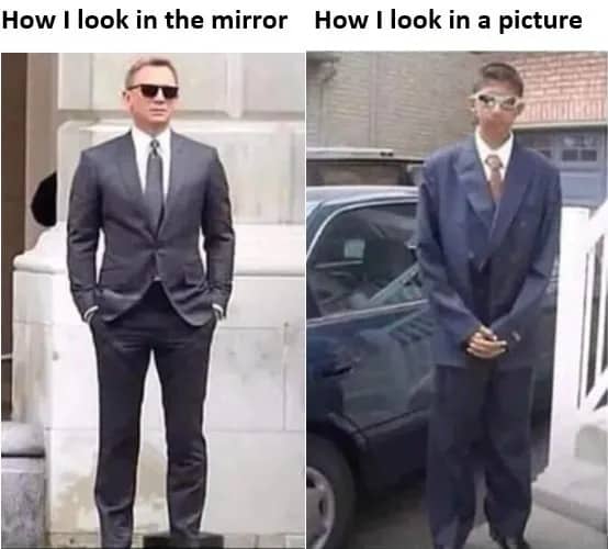 Daniel Craig in sharp suit compared to kid in oversized suit for mirror vs photo meme.