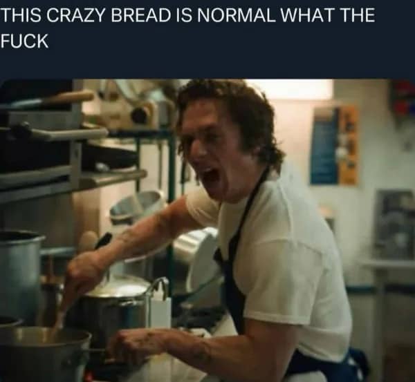Chef Carmy from The Bear screaming in kitchen about Little Caesars crazy bread funny memes.