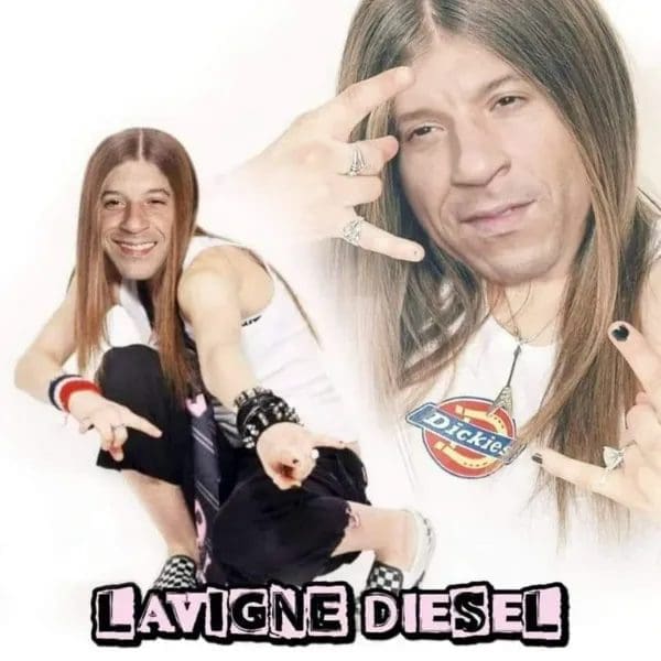 Photoshopped memes mashup putting Vin Diesel's face on an early 2000s pop punk photo shoot, labeled Lavigne Diesel