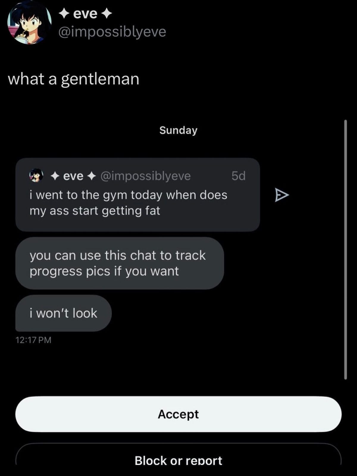 Message request offering to track someone's gym progress pictures while promising not to look