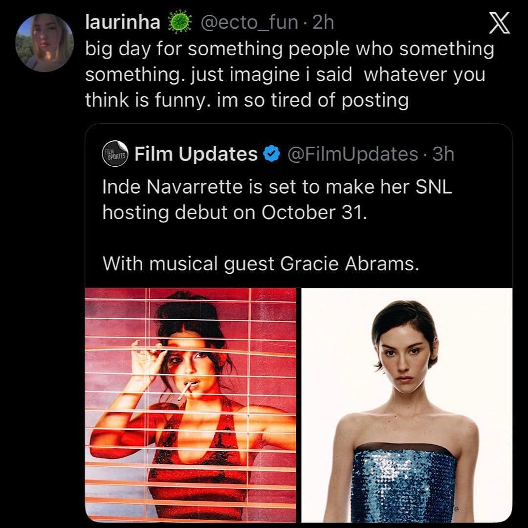 Tweet giving up on joke writing entirely, quoting SNL host and musical guest announcement for October 31