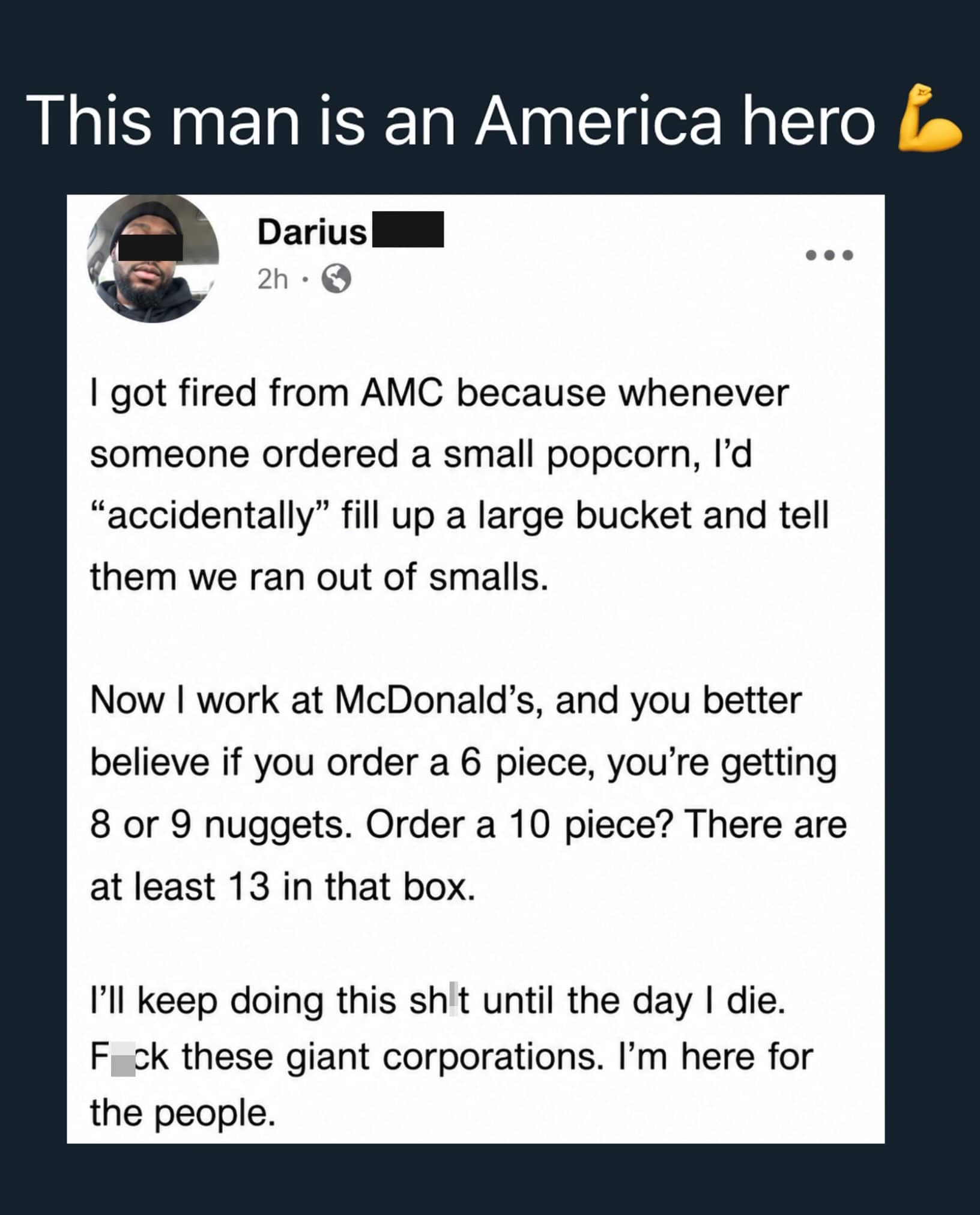 Viral social media post praising a fast-food worker who gives extra food items.