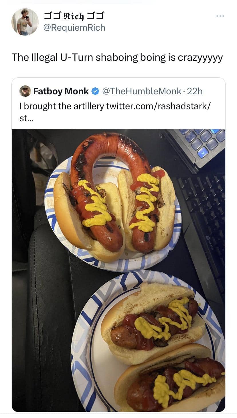 Funny tweet showing hot dogs wrapped in a U-turn shape on paper plates.