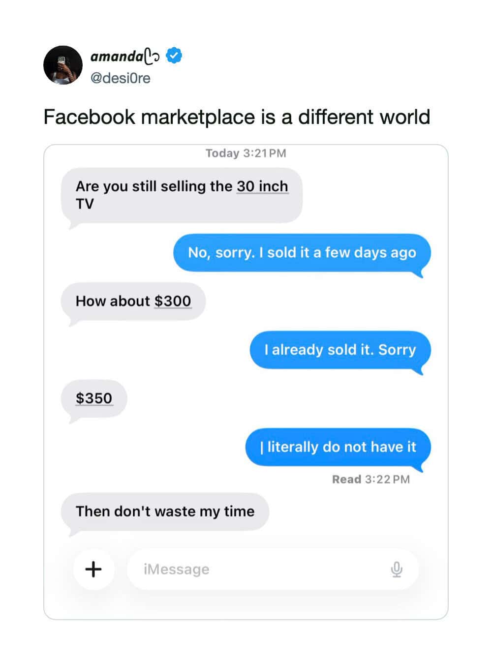 Funny text screenshot meme showing absurd Facebook Marketplace conversation about a sold television item.