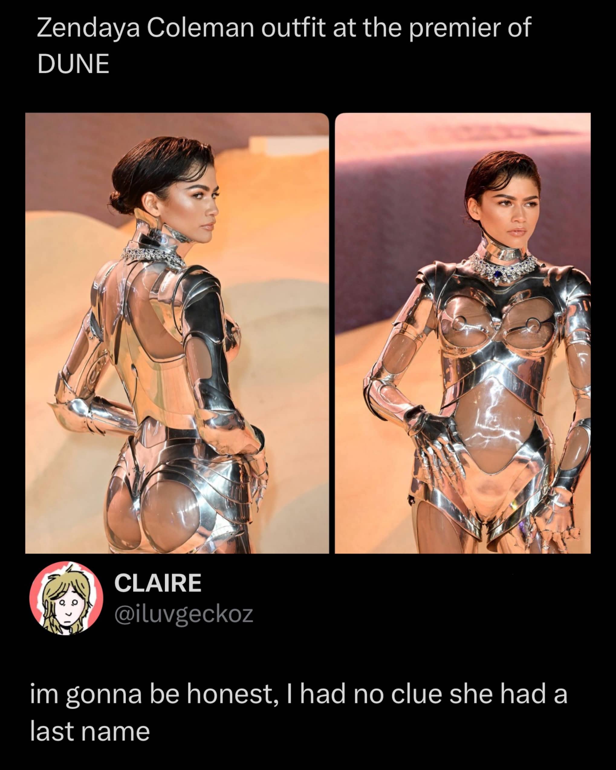 Zendaya wearing a futuristic silver robot suit at Dune premiere with funny comment thread.
