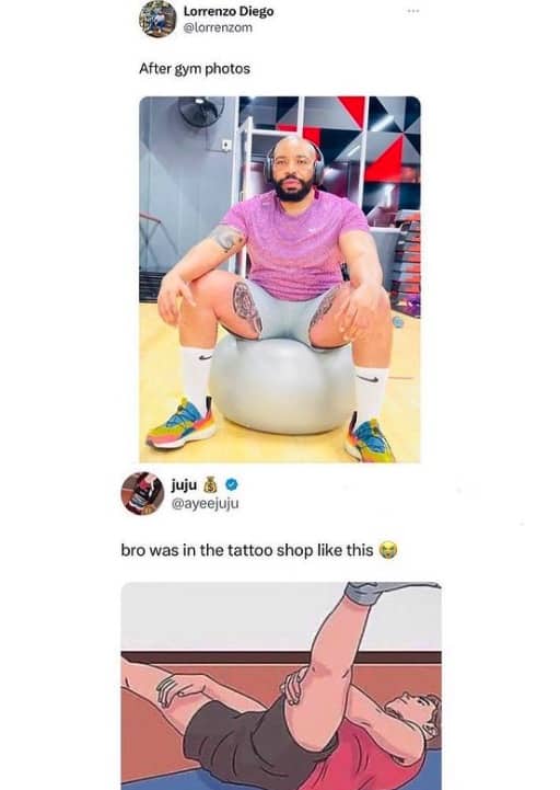 Guy sitting on exercise ball next to thigh tattoo illustration funny gym meme.