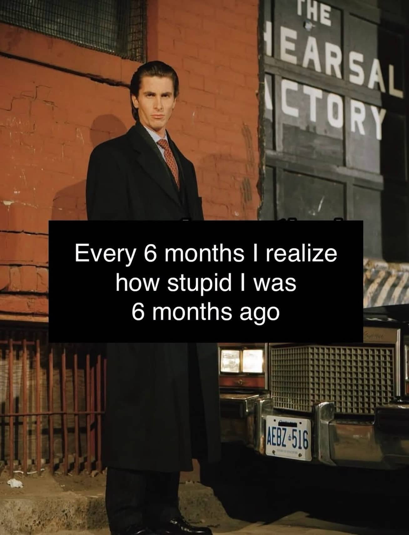 Christian Bale in American Psycho standing outside near a vintage car with text overlay.