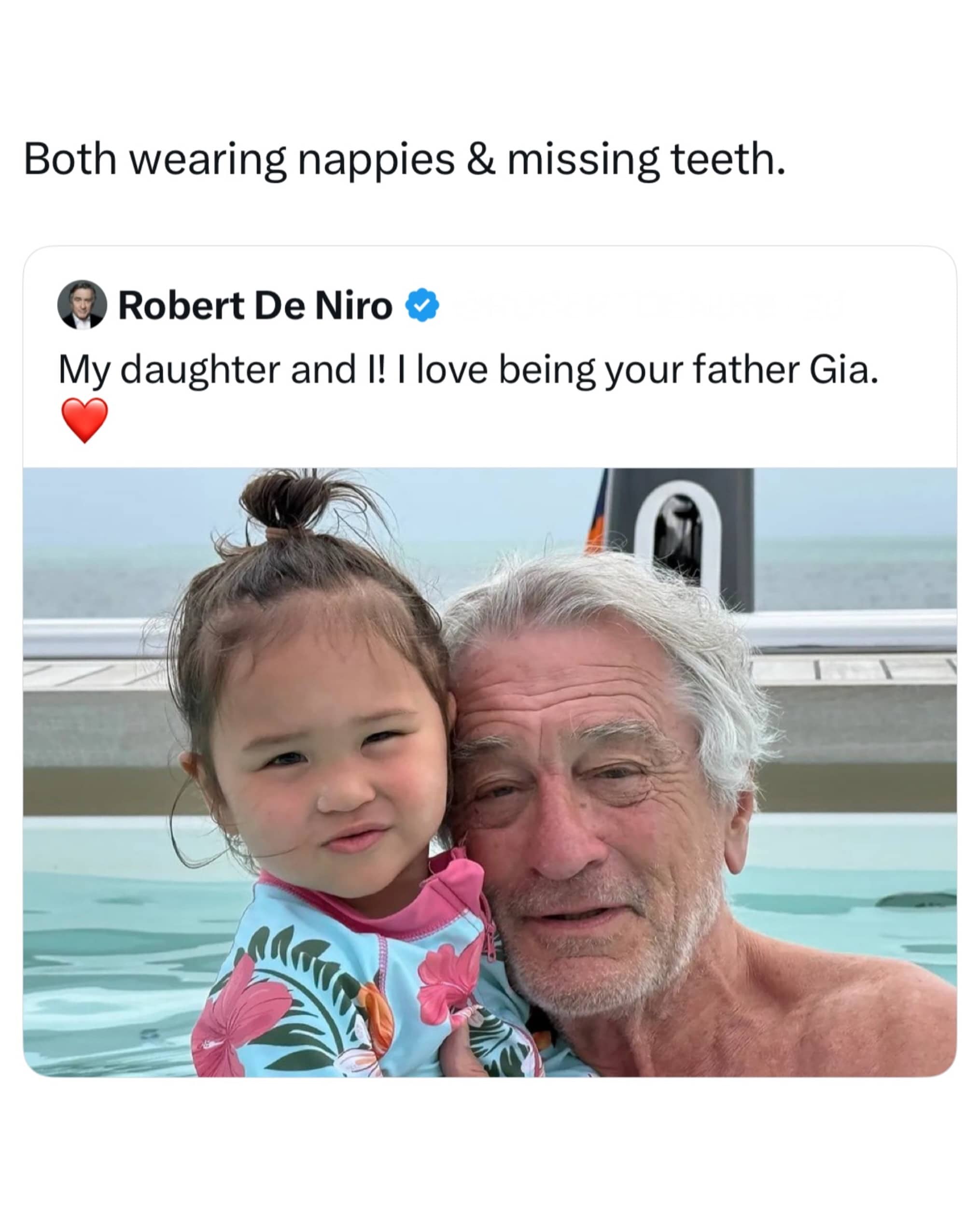 Funny post showing actor Robert De Niro with his young daughter swimming together.