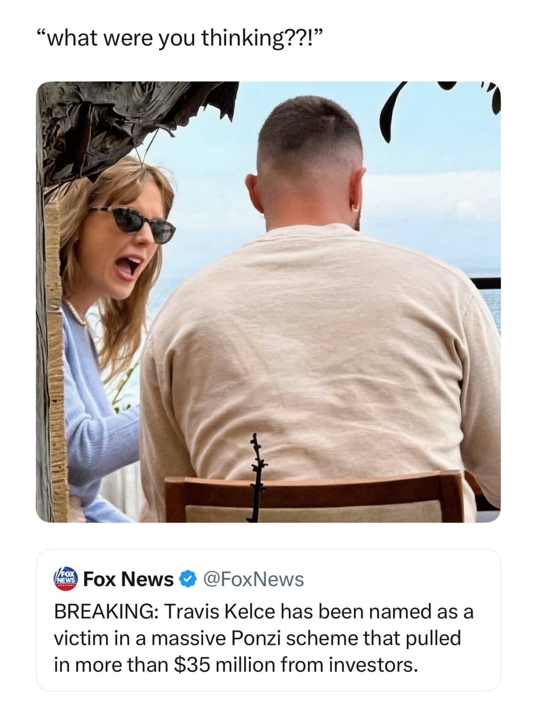 Taylor Swift wearing sunglasses shouting at Travis Kelce over a viral news headline meme.