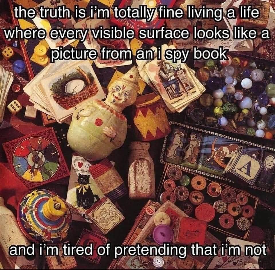 Cluttered room table filled with vintage toys like an I Spy book page meme.
