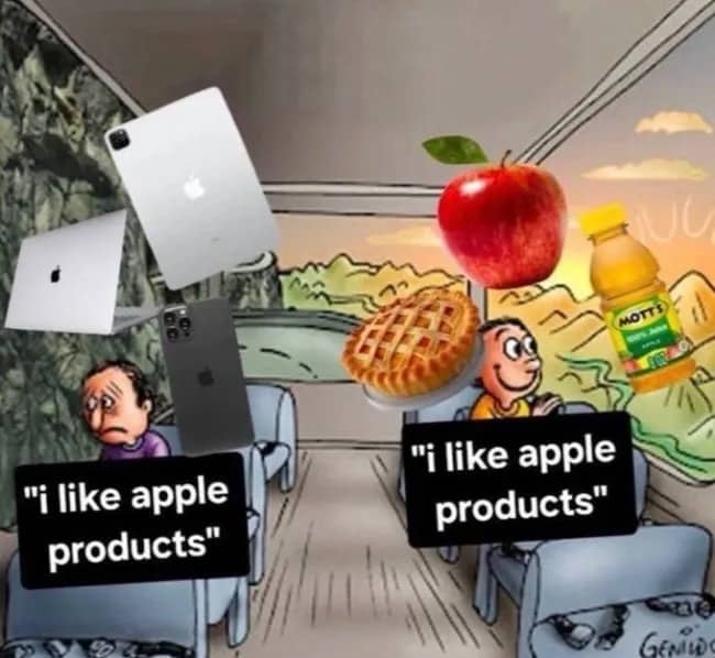 Funny bus meme contrasting Apple tech devices with edible apple food and juice products.