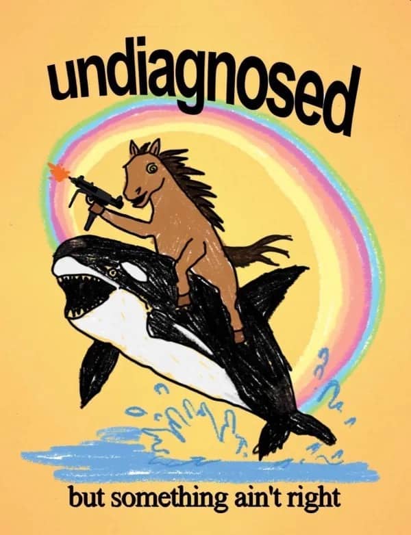 Surreal drawing meme featuring a horse riding an orca whale while holding a gun.