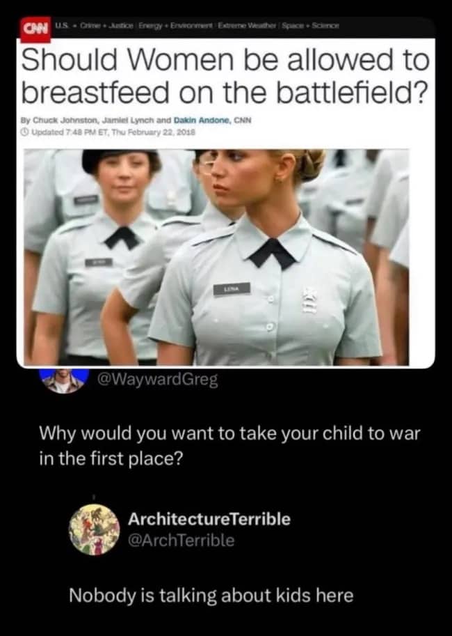 Screenshot of news headline about breastfeeding soldiers with funny social media comment replies.