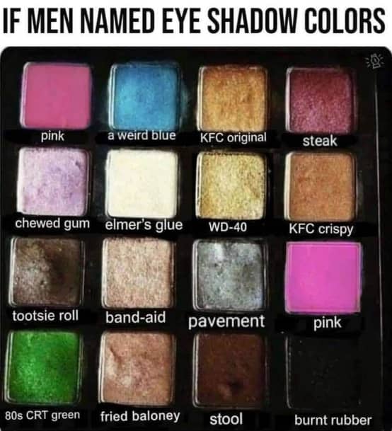 Makeup eyeshadow palette with funny meme color labels named by men.