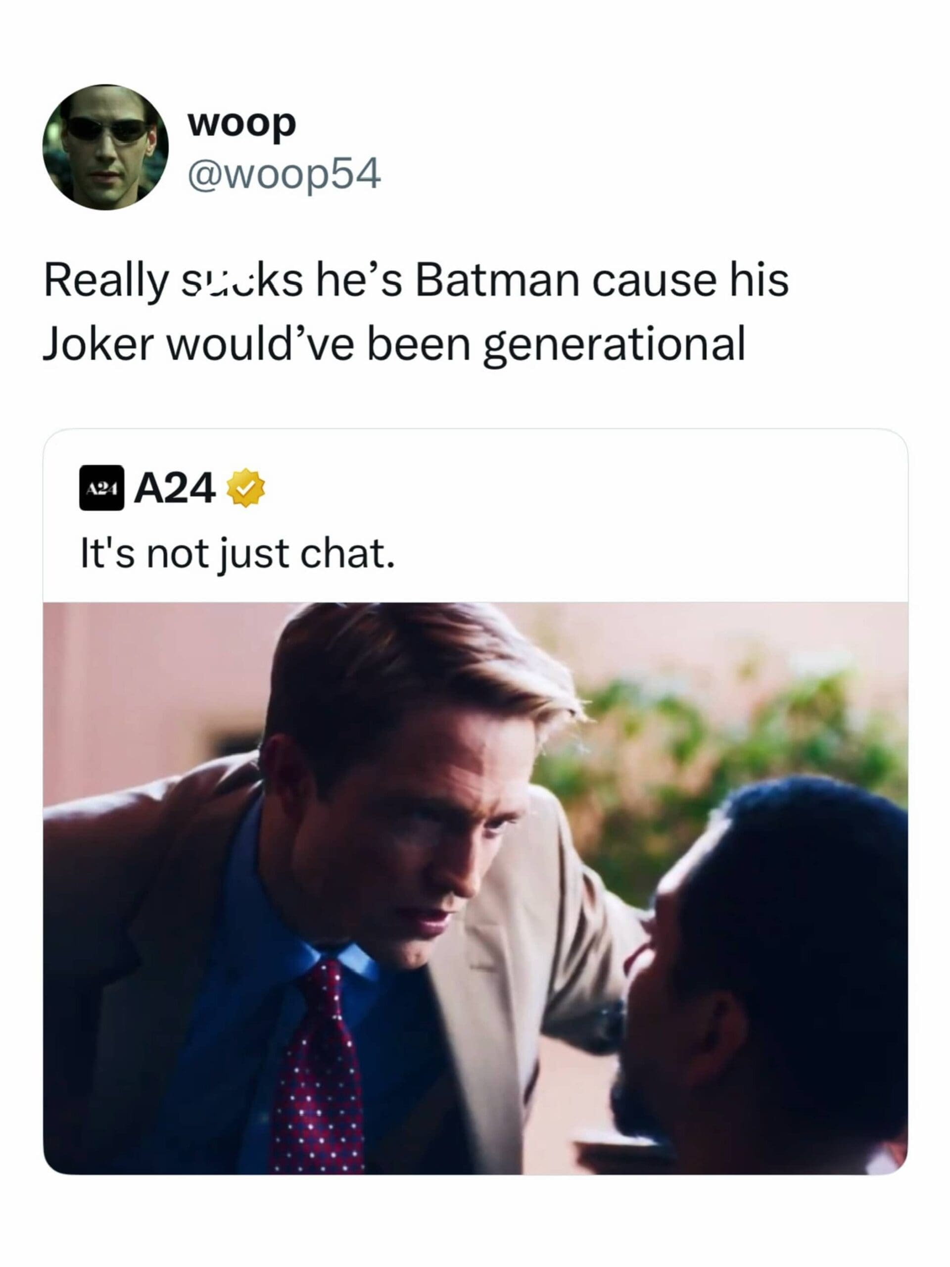 Robert Pattinson intense movie scene screenshot beneath a viral Twitter post about Batman.