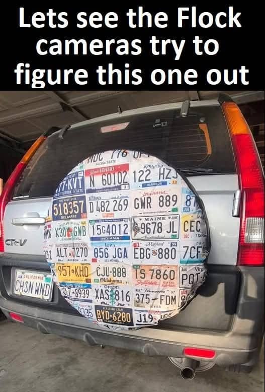Car spare tire cover made entirely of different license plates funny driving meme.