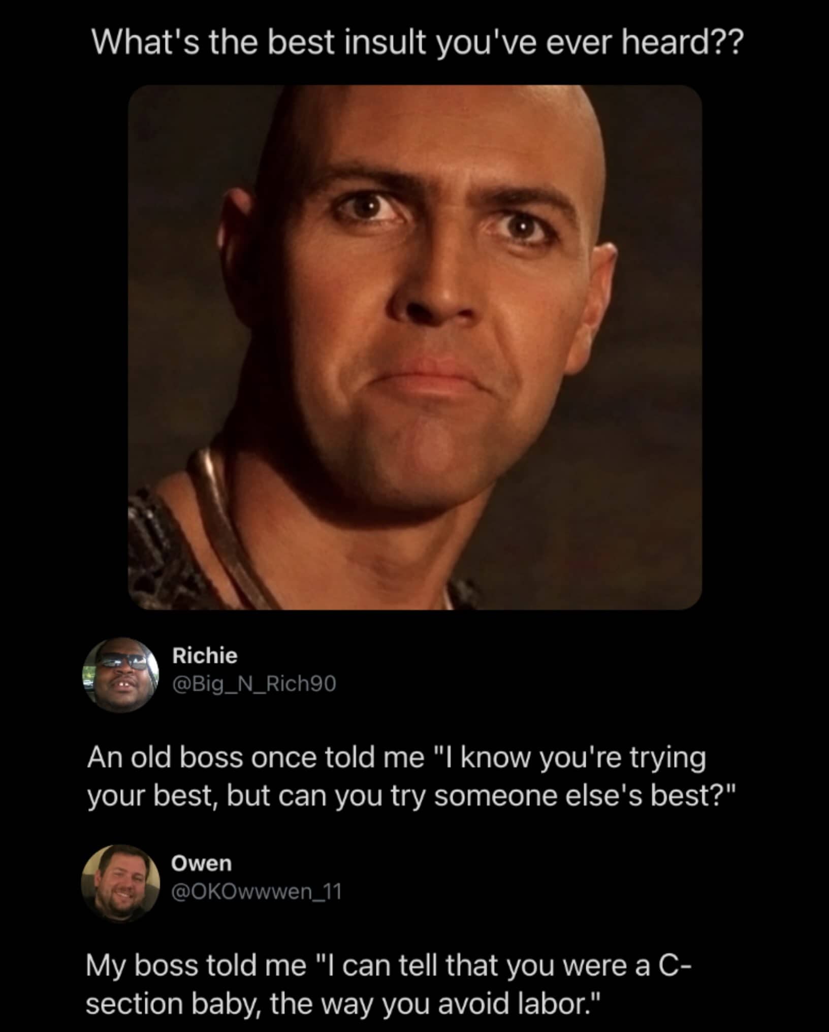 Imhotep from The Mummy face above funny social media posts sharing hilarious work insults.