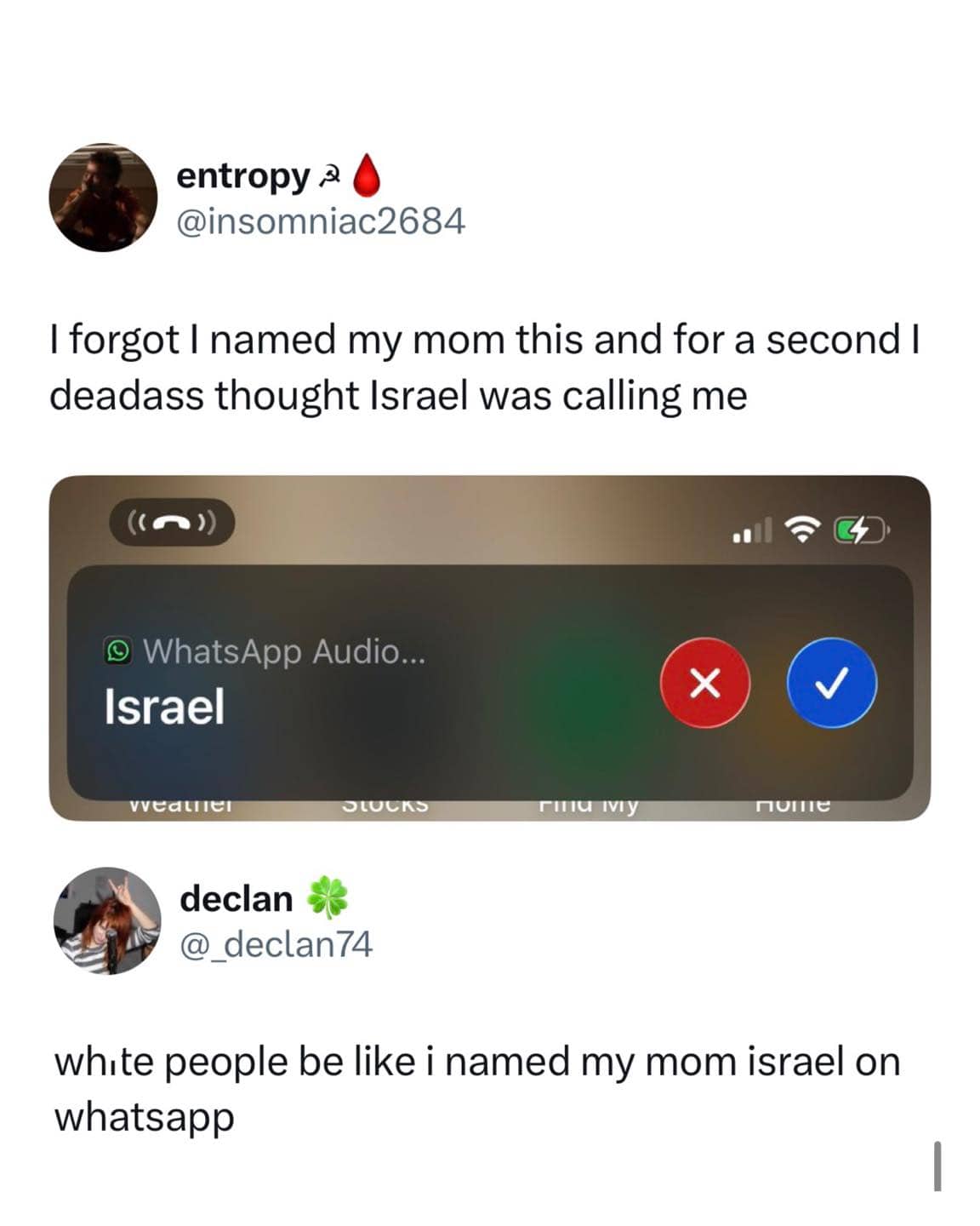 Funny screenshot of WhatsApp incoming call from contact saved as Israel.