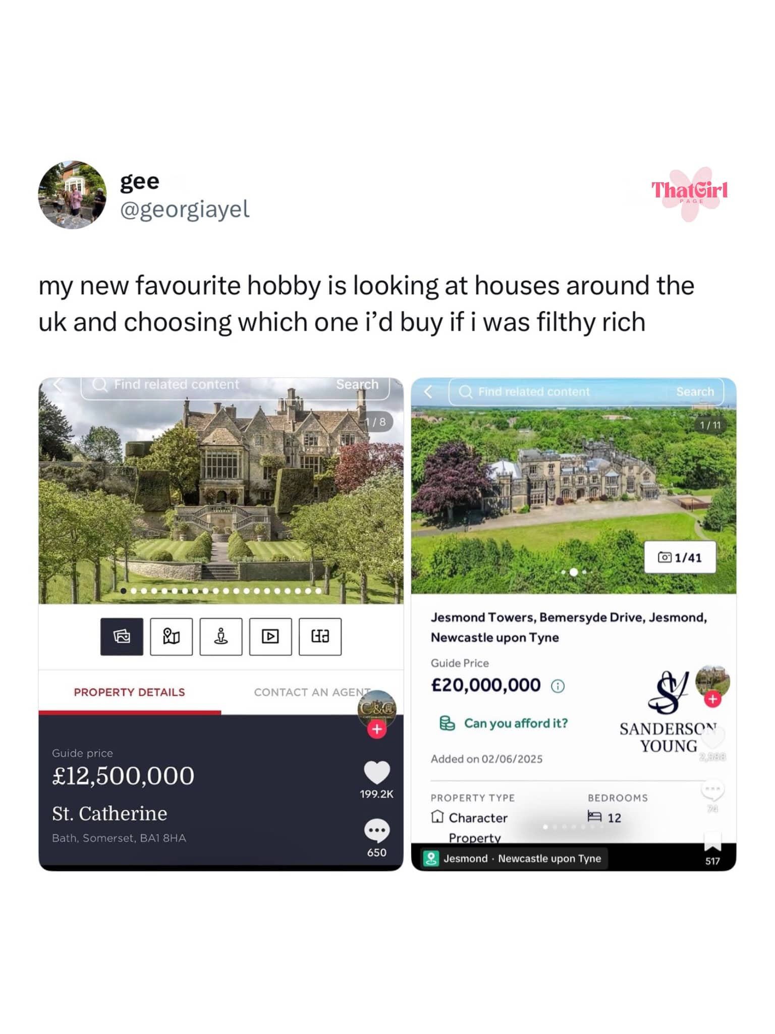 Screenshots of expensive UK real estate listings showing luxury mansions priced in millions.