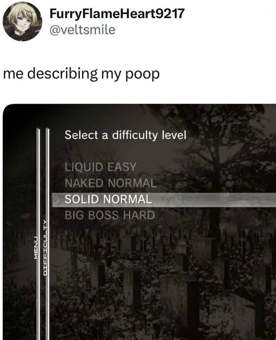 Video game difficulty selection menu repurposed as a hilarious relatable bathroom humor meme.
