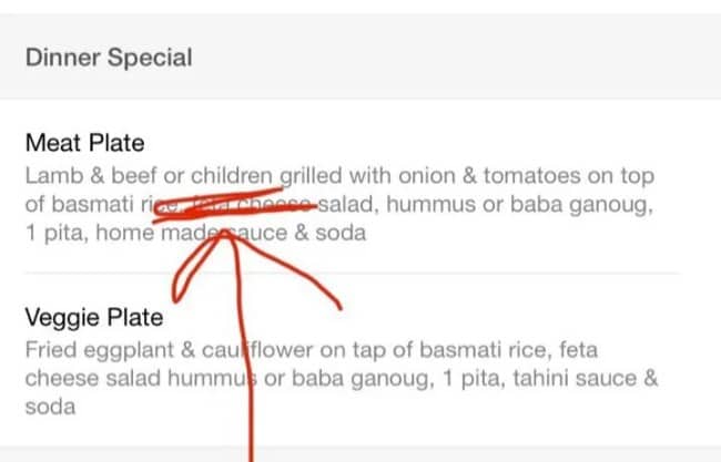Unfortunate menu typos offering grilled children alongside lamb and beef on dinner special plate.
